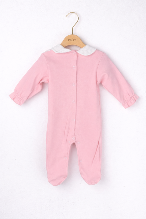 Salopetă roz pentru fetițe din bumbac 100% cu dantelă albă la gât [2]