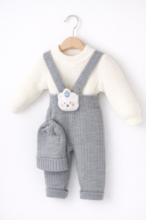 Salopetă tricotată bebe 3 piese alb cu gri [3]