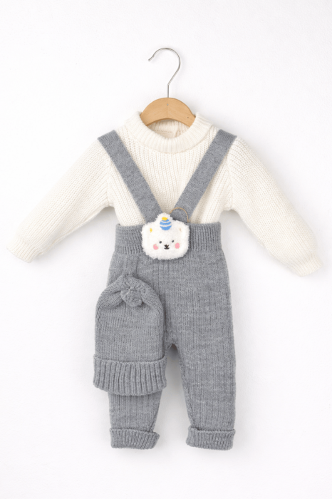 Salopetă tricotată bebe 3 piese alb cu gri [2]