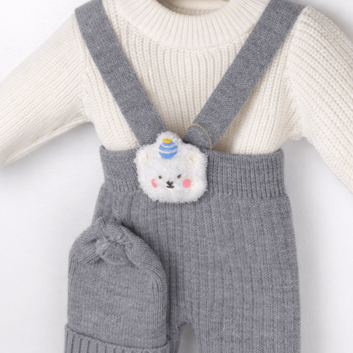 Salopetă tricotată bebe 3 piese alb cu gri [2]