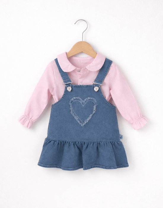 Set fetițe cu cămașă roz și sarafan denim | 9–24 luni [2]