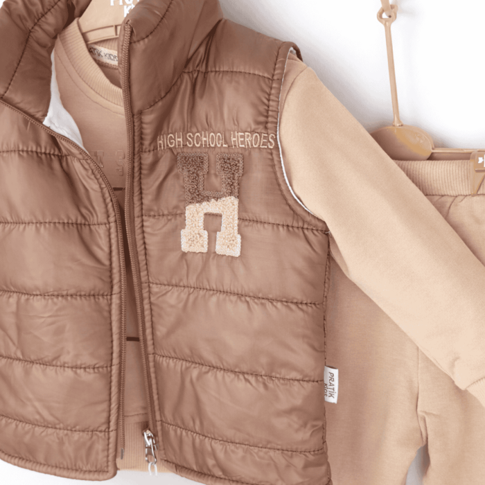 Set băieței 3 piese maro din bumbac 100% cu vestă cu puf [3]