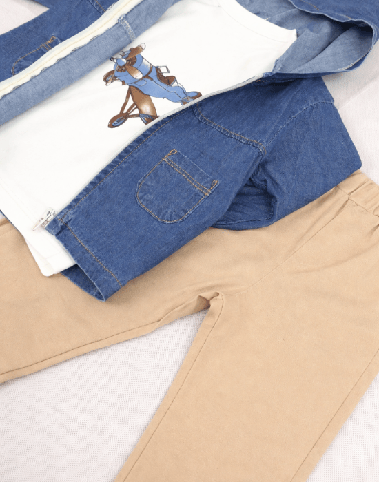 Set băieți 3 piese cu geacă denim și pantaloni bej [4]