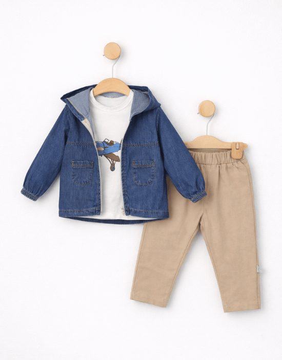 Set băieți 3 piese cu geacă denim și pantaloni bej [2]