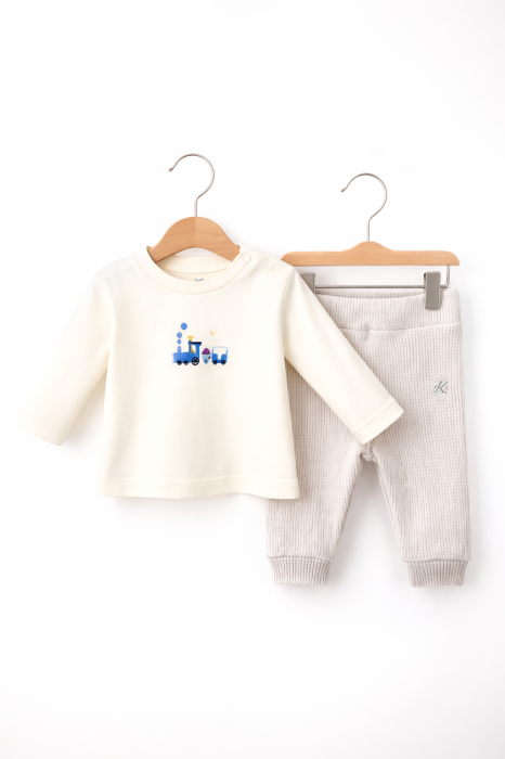 Set băieți 3 piese din bumbac 100% alb cu bej [2]