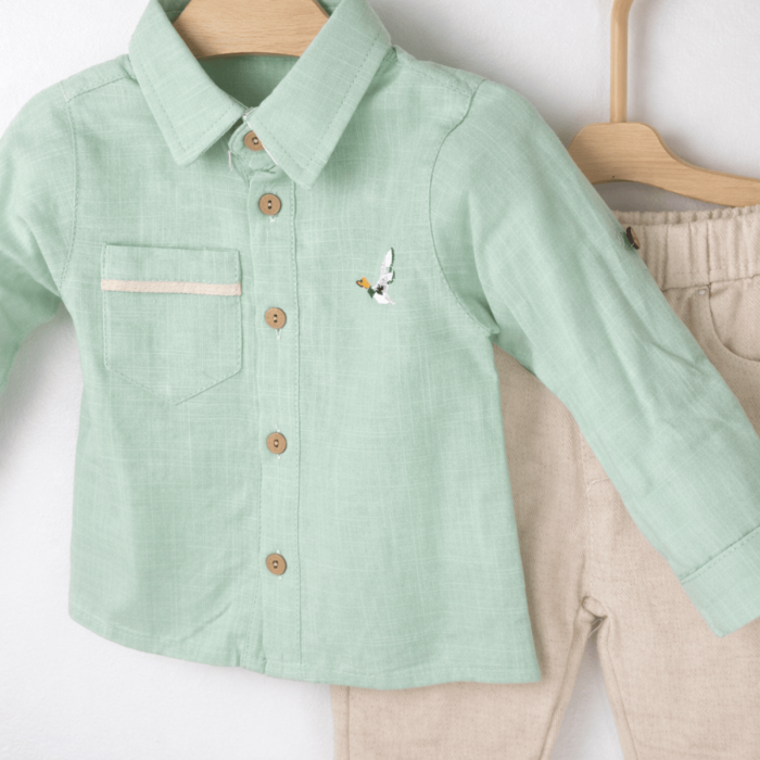 Set băieți din bumbac 100% cu cămașă verde și pantaloni maro [2]
