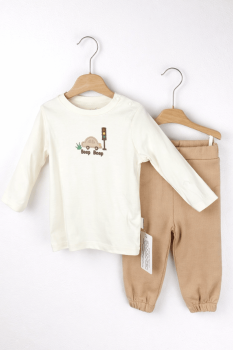 Set băieți 3 piese din bumbac verde mentă, alb și maro [2]