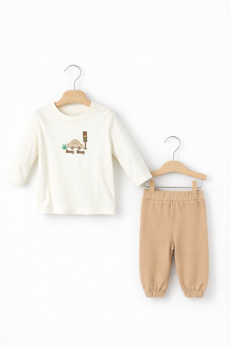 Set băieți 3 piese din bumbac verde mentă, alb și maro [2]