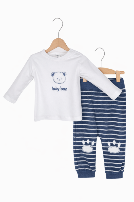 Set bebe 3 piese din bumbac, bluză, body și pantaloni catifelați – albastru închis [2]