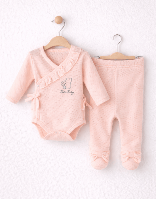 Set bebe fetițe 3 piese roz pal cu body, pantaloni și căciuliță [2]