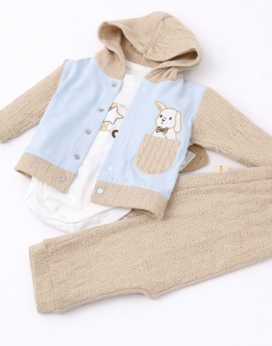 Set băieți 3 piese bleu și bej cu body, bluză și pantaloni [2]