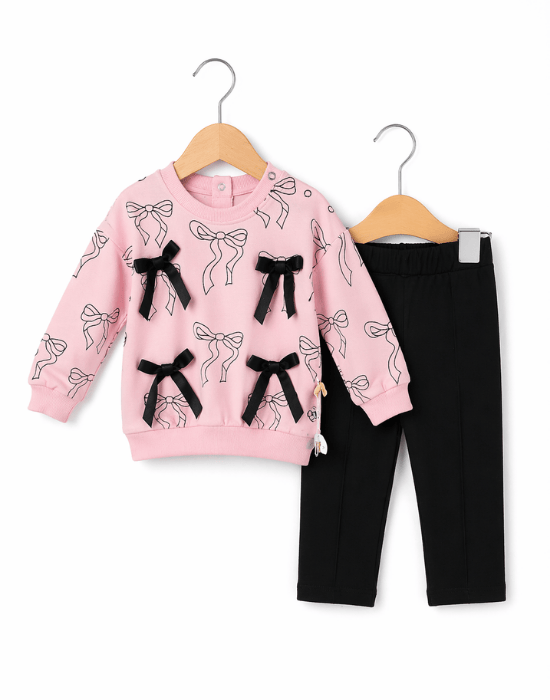 Set fetițe 2 piese roz cu fundițe și pantaloni negri | 6–24 luni [2]