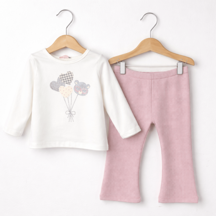 Set fetiță 3 piese roz din bumbac 100% cu vestă pufoasă [2]