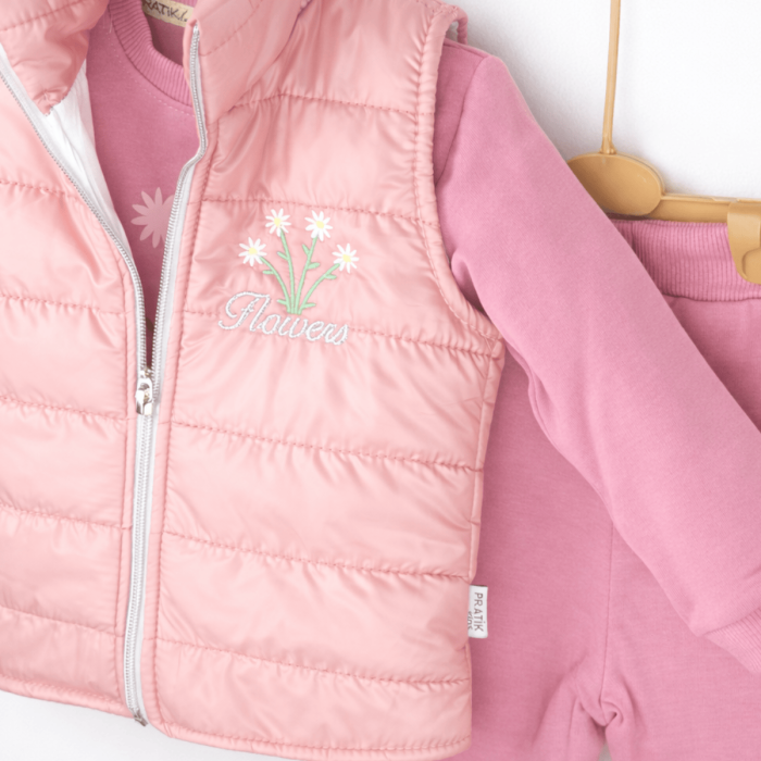 Set fetiță 3 piese roz din bumbac 100% cu vestă cu puf [3]