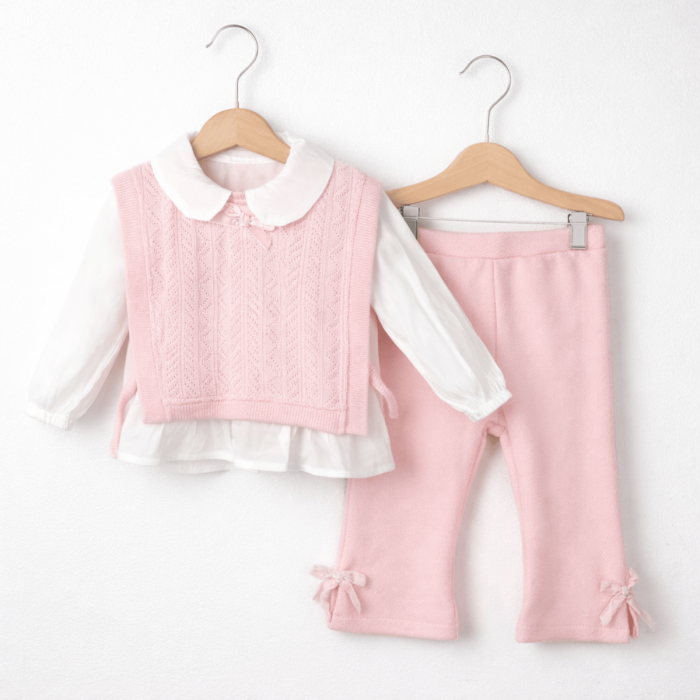 Set fetiță 3 piese roz din bumbac și tricot cu pantaloni evazați [2]