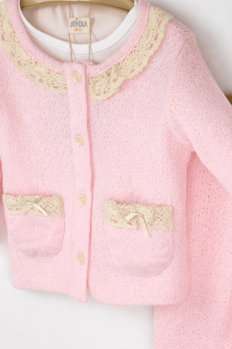 Set fetiță 3 piese roz din bumbac 100% cu jachetă [3]