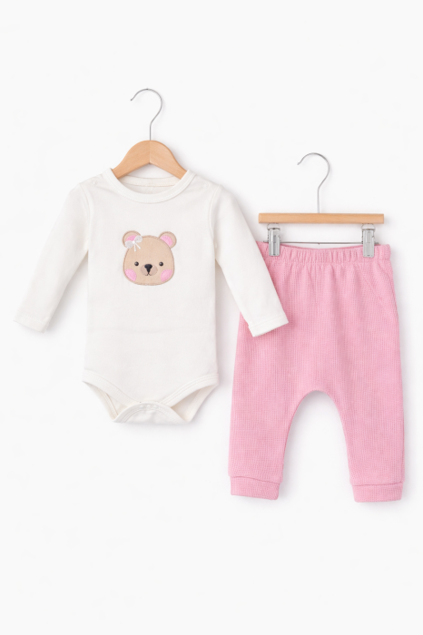 Set fetițe 3 piese din bumbac 100% roz cu iepurași | Petino [2]