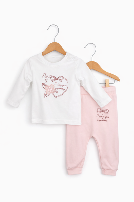 Set fetițe 3 piese din bumbac – jachetă roz și pantaloni cu fundiță | Petino [2]