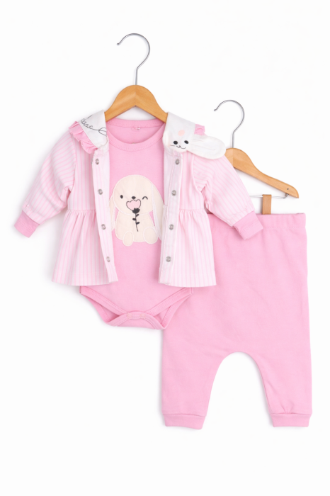 Set fetițe din bumbac cu iepuraș | Body, pantaloni și bluză | Petino [2]