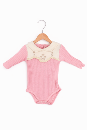 12 - 24 luni - Body roz pentru fetițe din bumbac 100% cu dantelă la gât