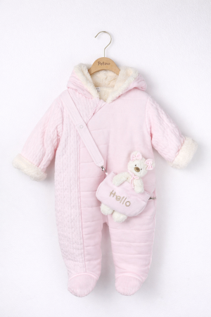 Combinezon călduros pentru fetițe 0–9 luni, din bumbac 100%, cu interior pufos, fular și borsetă – roz