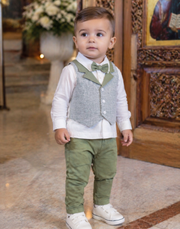 Seturi - Set elegant băieței cu papion și pantaloni verzi | 6–18 luni