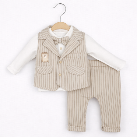 Cadouri - Costum elegant pentru băieți din bumbac, bej – 4 piese (vestă, cămașă, pantaloni și papion)