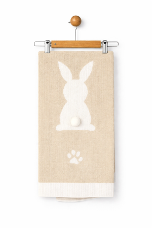 Accesorii vestimentare - Păturică bej pentru bebeluși din bumbac cu iepuraș alb