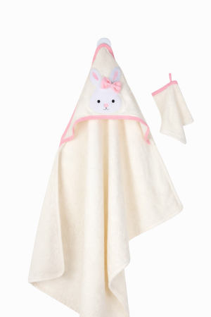 Accesorii vestimentare - Prosop de baie alb cu roz pentru fetițe din bumbac 100% cu iepuraș