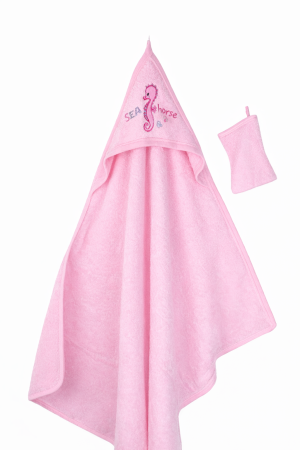 Accesorii vestimentare - Prosop de baie roz pentru fetițe din bumbac cu căluț de mare