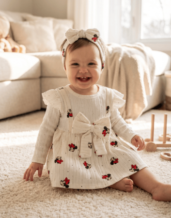 Rochițe - Rochiță albă pentru fetițe cu bentiță și model Minnie