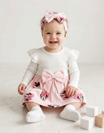 Rochițe - Rochiță roz pentru fetițe cu bentiță și model Minnie