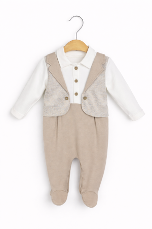 Salopete - Salopetă bebe alb cu maro din bumbac 100% – 0–6 luni