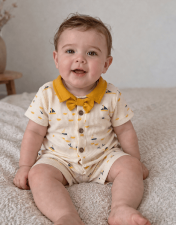 Salopete - Salopetă de vară băieței crem cu guler galben | 3–12 luni
