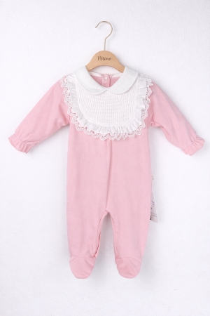 0 - 6 luni - Salopetă roz pentru fetițe din bumbac 100% cu dantelă albă la gât
