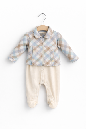 Salopete - Salopetă băieți din bumbac premium, bej cu verde-turcoaz – 0–6 luni