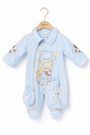 Salopete - Salopetă pufoasă băieți 0–9 luni albastru deschis cu pisicuțe