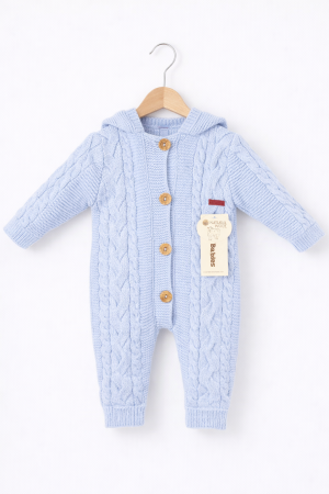 Salopetă tricotată băieți,  cu blăniță – albastru, 3-12 luni