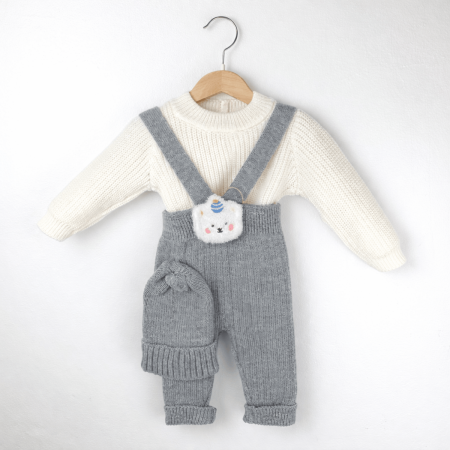 Salopete - Salopetă tricotată bebe 3 piese alb cu gri