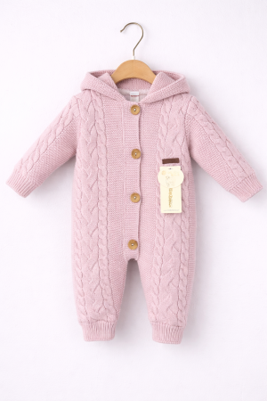 Noutăți - Salopetă tricotată fetițe,  cu blăniță – roz, 3–12 luni