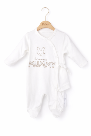 Salopete - Salopetă unisex albă pentru bebeluși din bumbac 100% cu iepuraș și fes