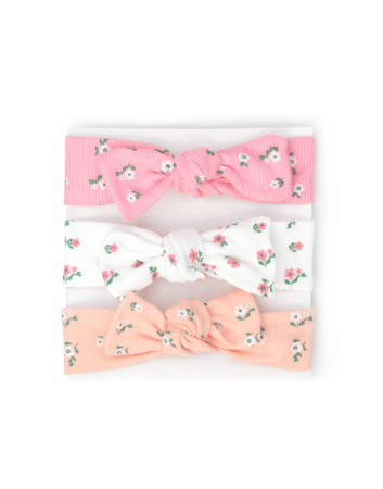 Colecția de Vară - Set 3 bentițe elastice bebe cu fundă și model floral – roz, alb și roz pastel