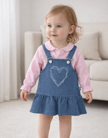 Rochițe - Set fetițe cu cămașă roz și sarafan denim | 9–24 luni