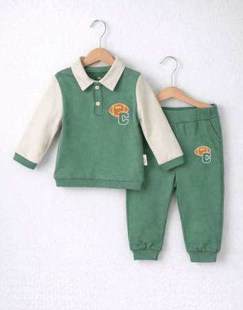 Seturi - Set băieți 2 piese verde cu guler crem | 9–18 luni