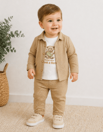 Noutăți - Set băieți 3 piese bej cu jachetă și pantalon | 6–18 luni