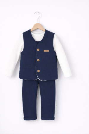 12 - 24 luni - Set băieți 3 piese body salopetă vestă bumbac 6–24 luni