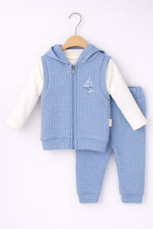 Seturi - Set băieți 3 piese din bumbac – bluză albă și vestă albastră | Petino