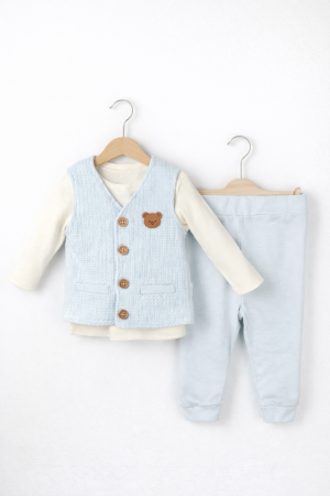 Noutăți - Set băieți 3 piese albastru din bumbac 100% cu vestă