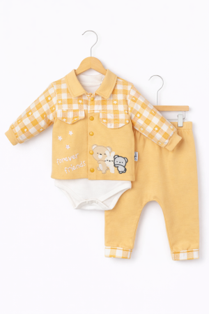 6 - 12 luni - Set baieti bumbac 3 piese galben alb 0-9 luni