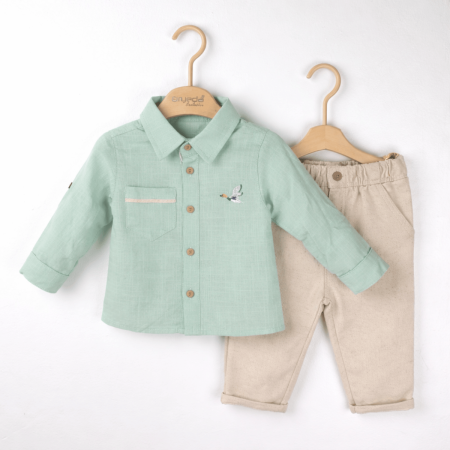 Noutăți - Set băieți din bumbac 100% cu cămașă verde și pantaloni maro